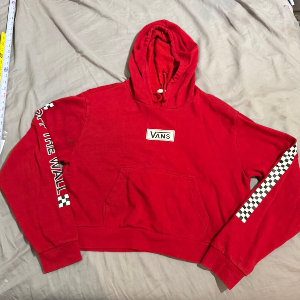 Vans Red Cropped Hoodie Off The Wall Checkerboard Sleeve Logo Sweatshirt Large